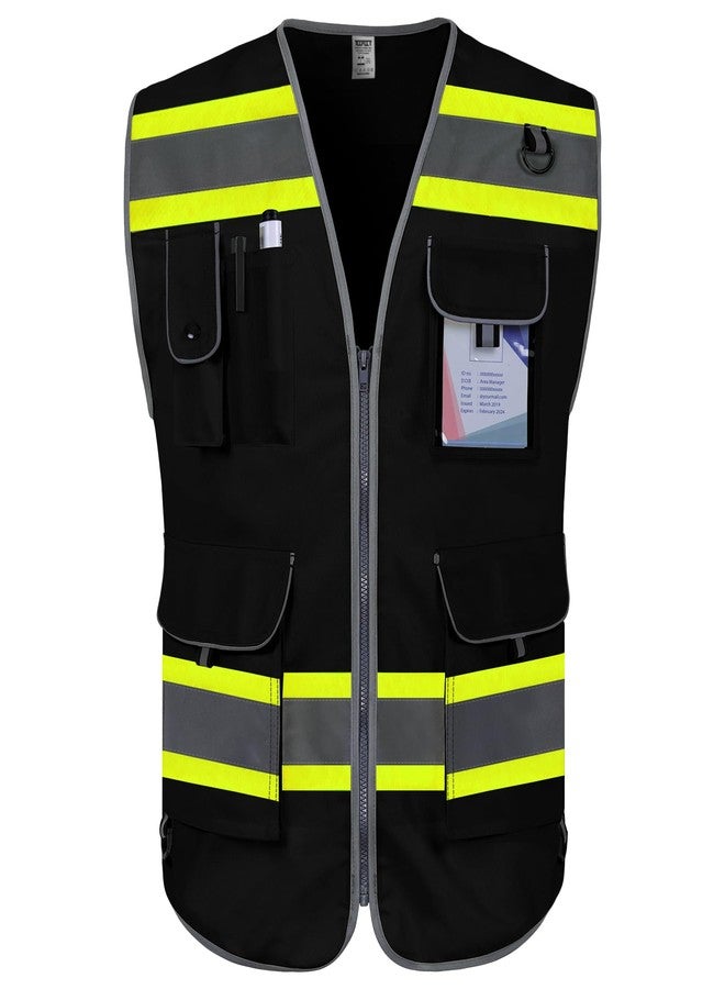 TCCFCCT Hi Vis Vest 9 Pockets High Visibility Reflective Safety Vest for Men Women, Construction Work Vest with Fluorescent Yellow Extend Edge, Durable to Use, Meets ANSI/ISEA, (DB-Black, Medium) - Image 1